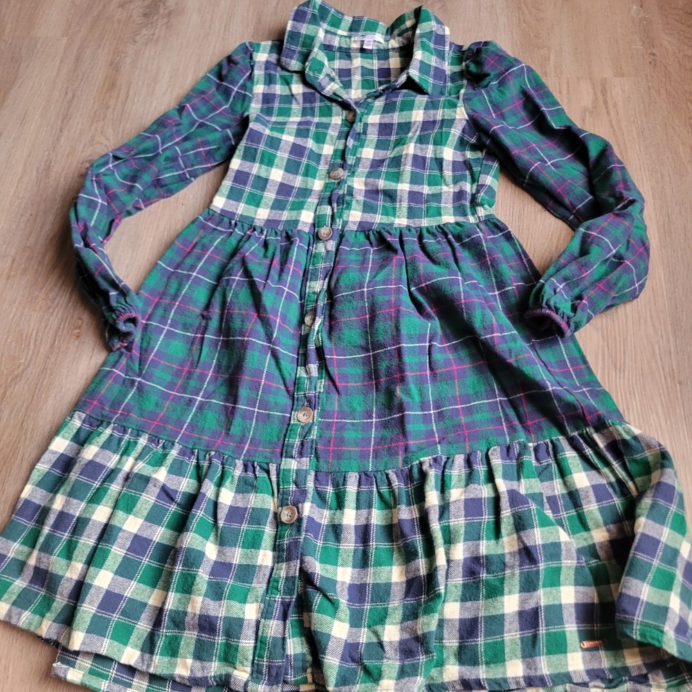 Tahari Girl Kids Shirt Dress 10 Green Plaid Cotton Flannel Tiered Casual Boho